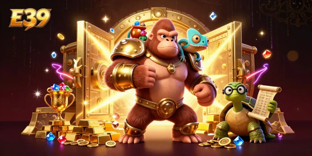 E39 showcases thrilling gambling action with a powerful gorilla king and treasure elements.