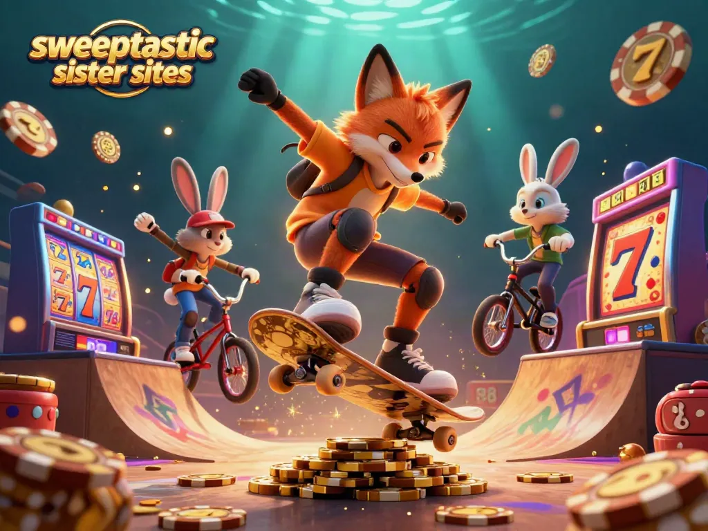 Sweeptastic sister sites depicted in a vibrant 3D scene featuring dynamic characters and energized casino elements.