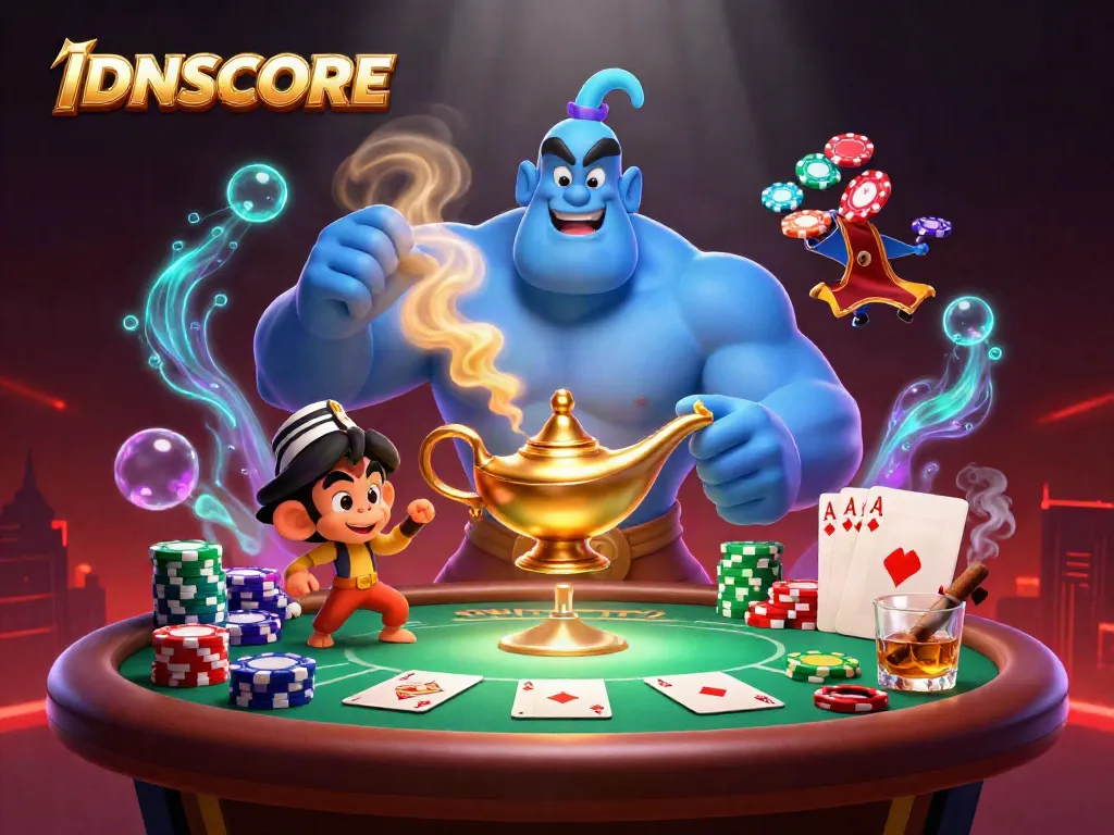 Engage in IDNSCORE casino excitement with a vibrant 3D genie, monkey, and poker chips.