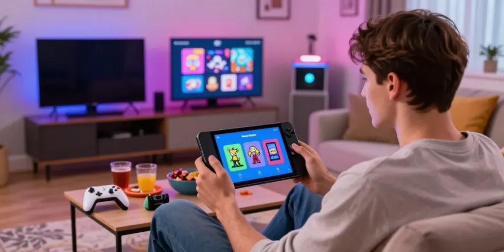 Engaging with Yono Arcade mobile games in a cozy living room setting.