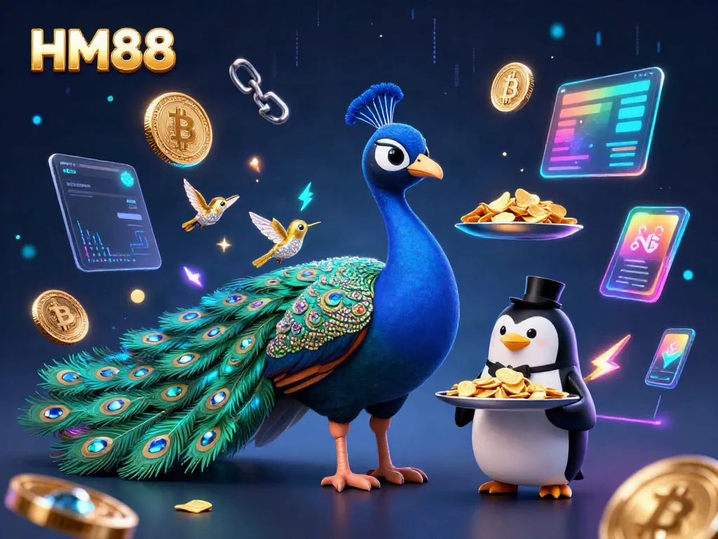 Experience the vibrant world of HM88, featuring a peacock, penguin, and hummingbird amid casino excitement.