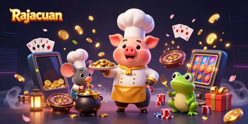 Gameplay menarik di Rajacuan saat chef pig menyajikan koin emas.