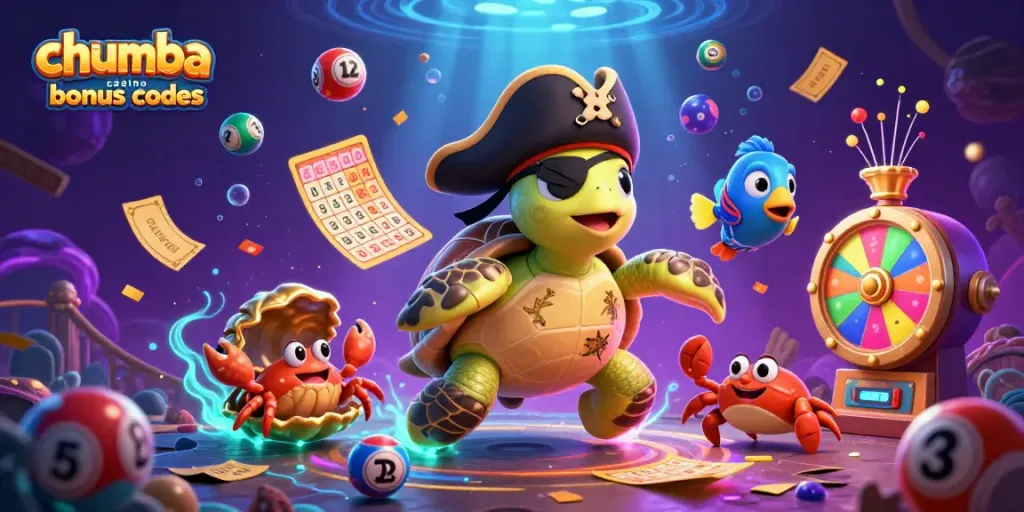 Engage with Chumba Casino bonus codes in a vibrant scene featuring colorful lottery elements and playful characters.