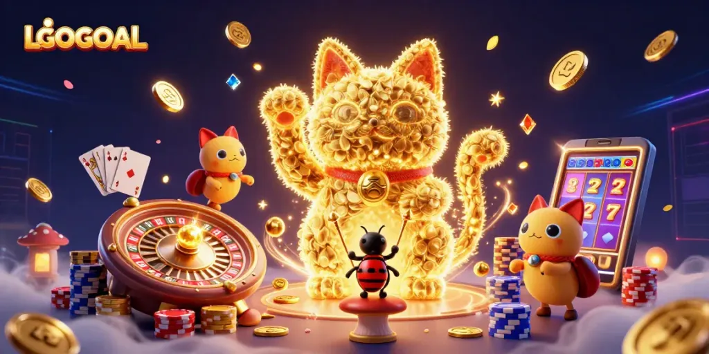 Engage with LGOGOAL's captivating casino world featuring a lucky cat, golden coins, and vibrant gaming elements.
