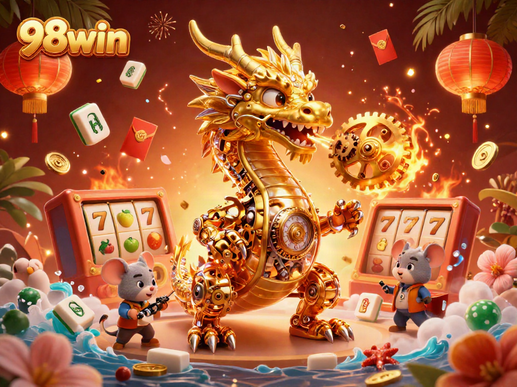 Play exciting games at 98win featuring vibrant slot reels and a dragon breathing gears.