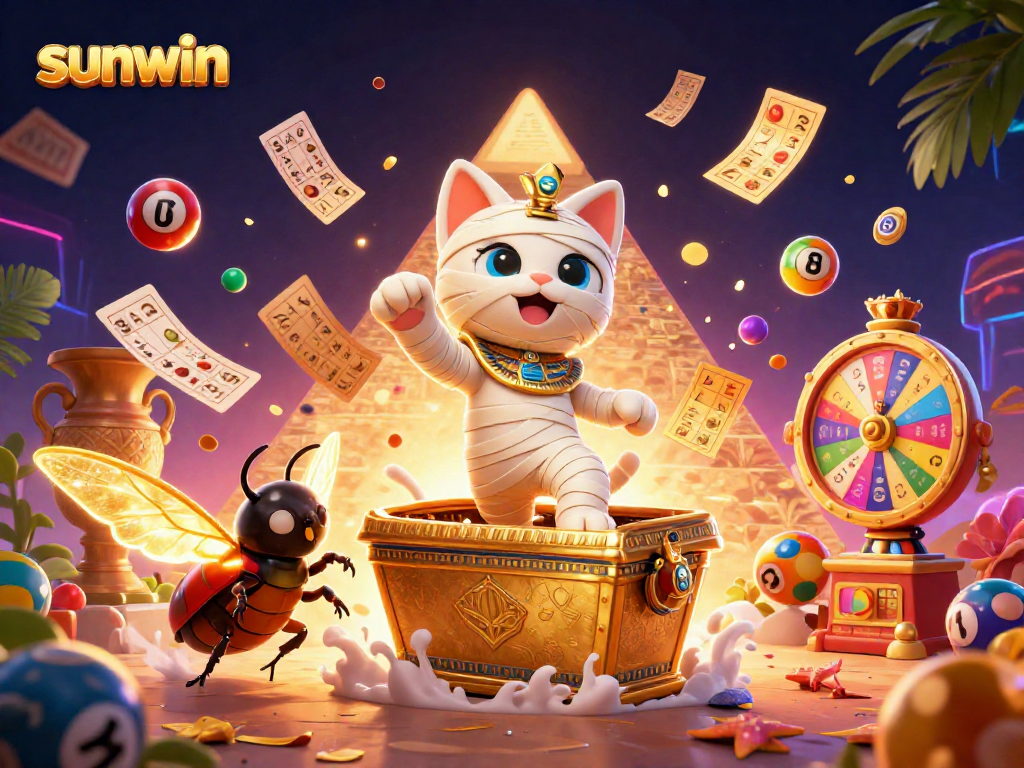 Engage with sunwin's vibrant gaming scene featuring a mummy cat and a scarab beetle amidst dynamic casino elements.