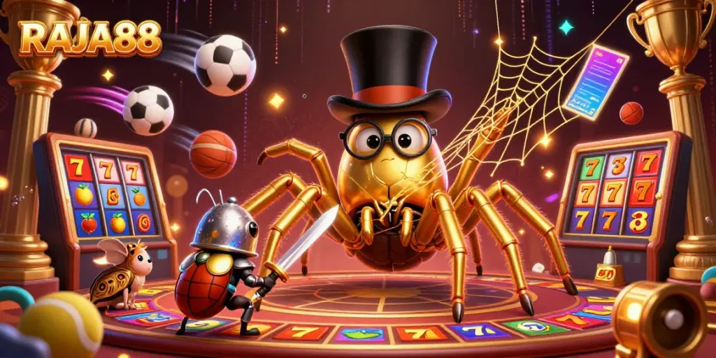 RAJA88 menghadirkan ilustrasi kasino dengan arachnid emas dan pertarungan seru, memikat perhatian pemain.