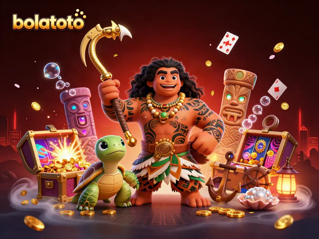 Engage with bolatoto's vibrant casino world through a dynamic illustration featuring exciting game elements, popular characters, and treasures.
