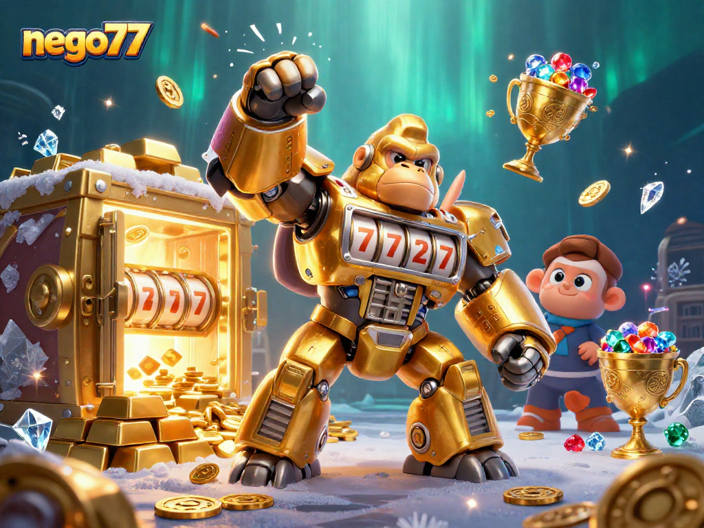 Experience exhilarating wins with nego77's captivating slots featuring a golden mech and treasure galore.