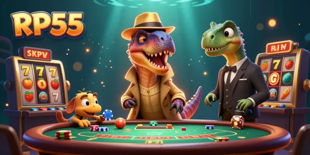 Engage in thrilling gameplay at RP55 with a velociraptor card counter and stegosaurus pit boss.