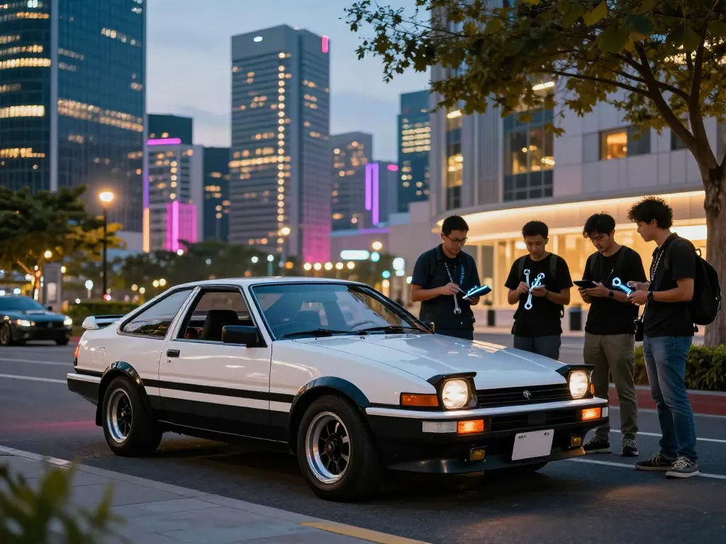 The A80 platform showcased with a classic Toyota Supra against a vibrant city skyline, capturing automotive culture.