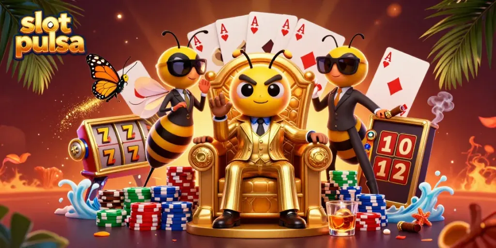 Engage with slot pulsa gaming amidst a colorful 3D mobster-themed casino scene.