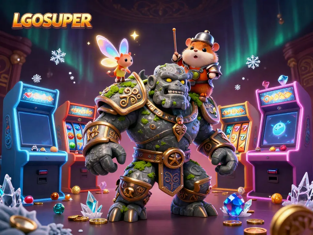 Engage with LGOSUPER's vibrant casino world through an enchanting 3D illustration featuring games and whimsical characters.