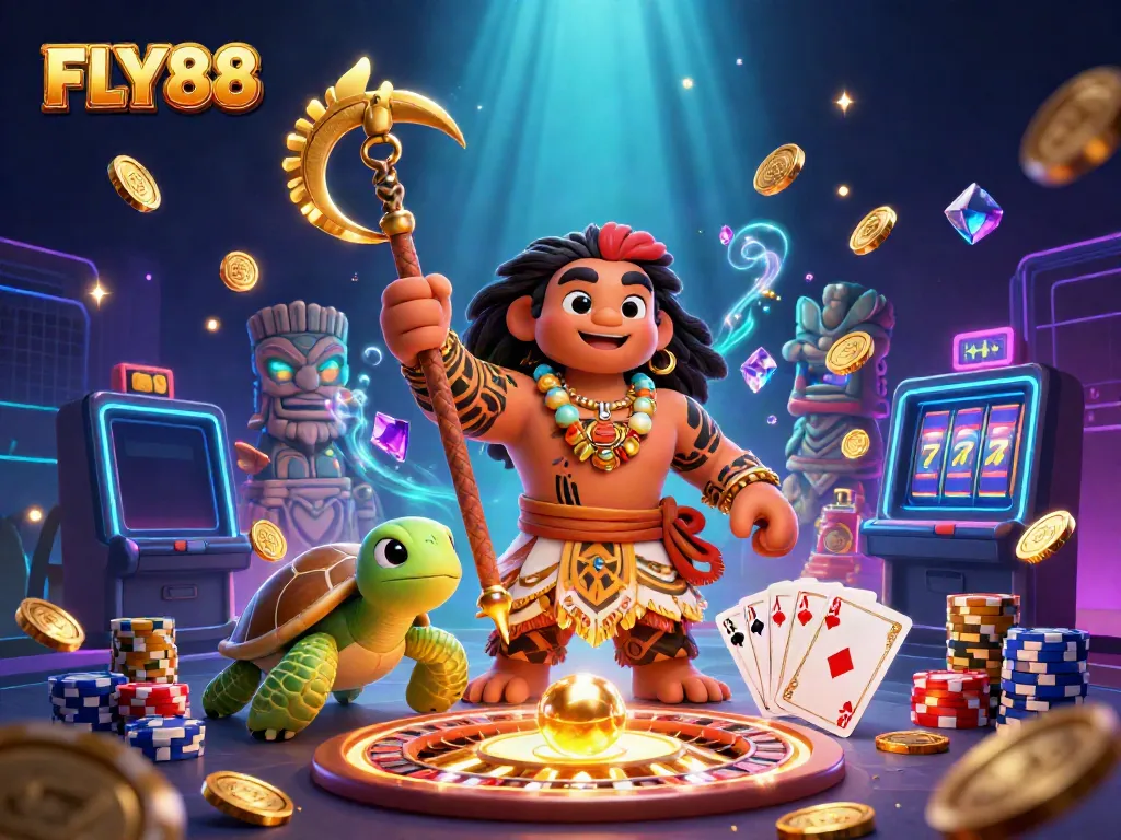 FLY88 showcases a vibrant casino scene with a Polynesian demigod and turtle, surrounded by golden coins and game elements.
