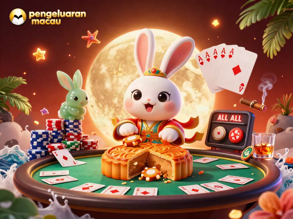 Engage with pengeluaran macau results as a moon rabbit reveals poker chips from mooncakes in a vibrant casino setting.