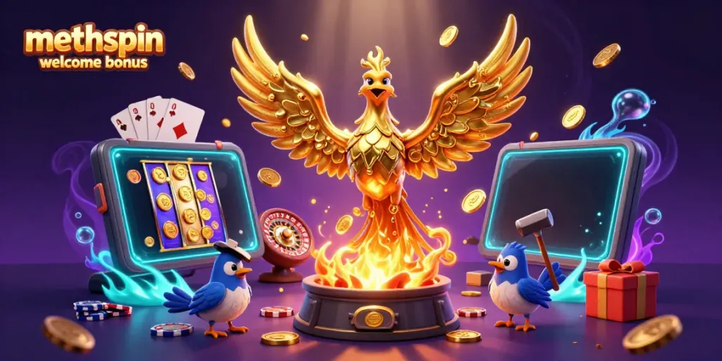 Experience the thrill of the MethSpin welcome bonus with golden coins and slot games amidst captivating visuals.