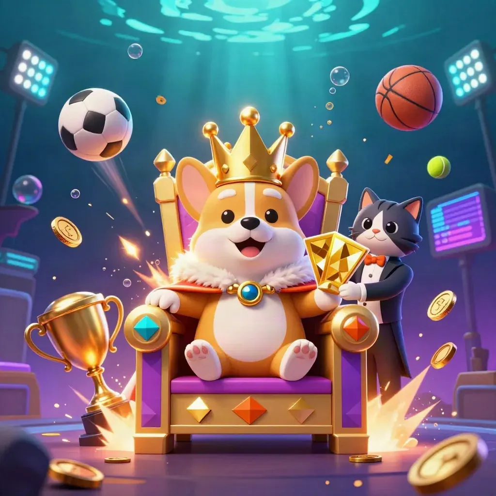 Crowned corgi and cat butler amid flying balls, coins, and stadium lights in a teal-cyan glow.