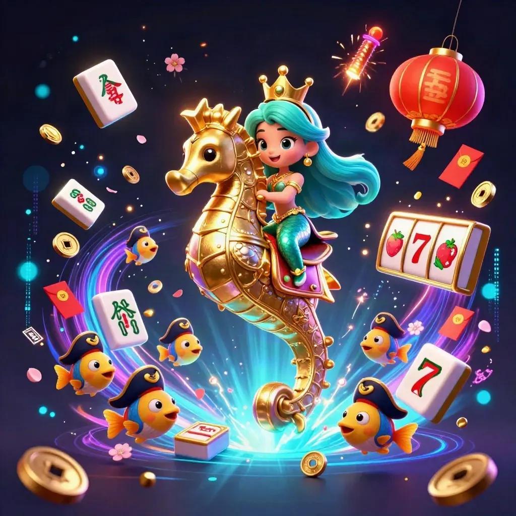 Mermaid princess rides an armored seahorse amid lanterns, coins, reels and neon casino magic.