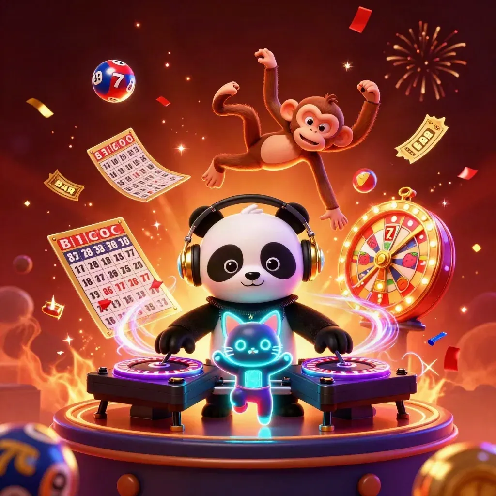 DJ panda, dancing monkey, and glow-stick kitten exploding with casino loot and neon light.