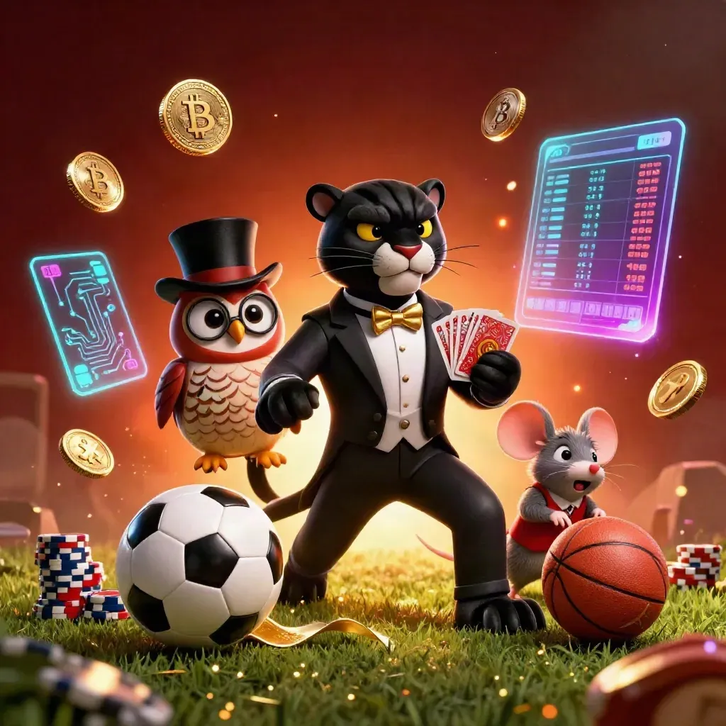 Black panther, owl, and mouse amid sports gear, coins, sparks, and casino glow