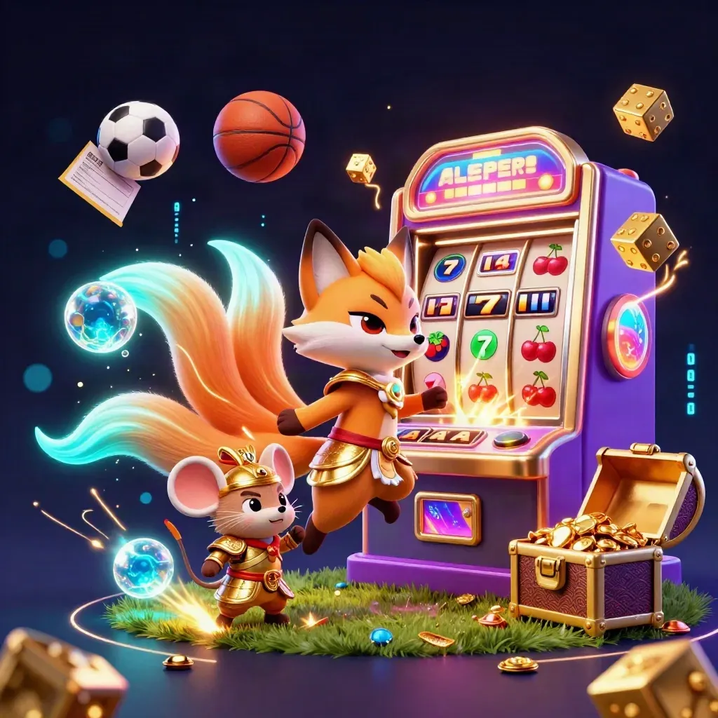 Neon fox spirit and samurai mouse amid exploding slot symbols, sports balls, and gold light.