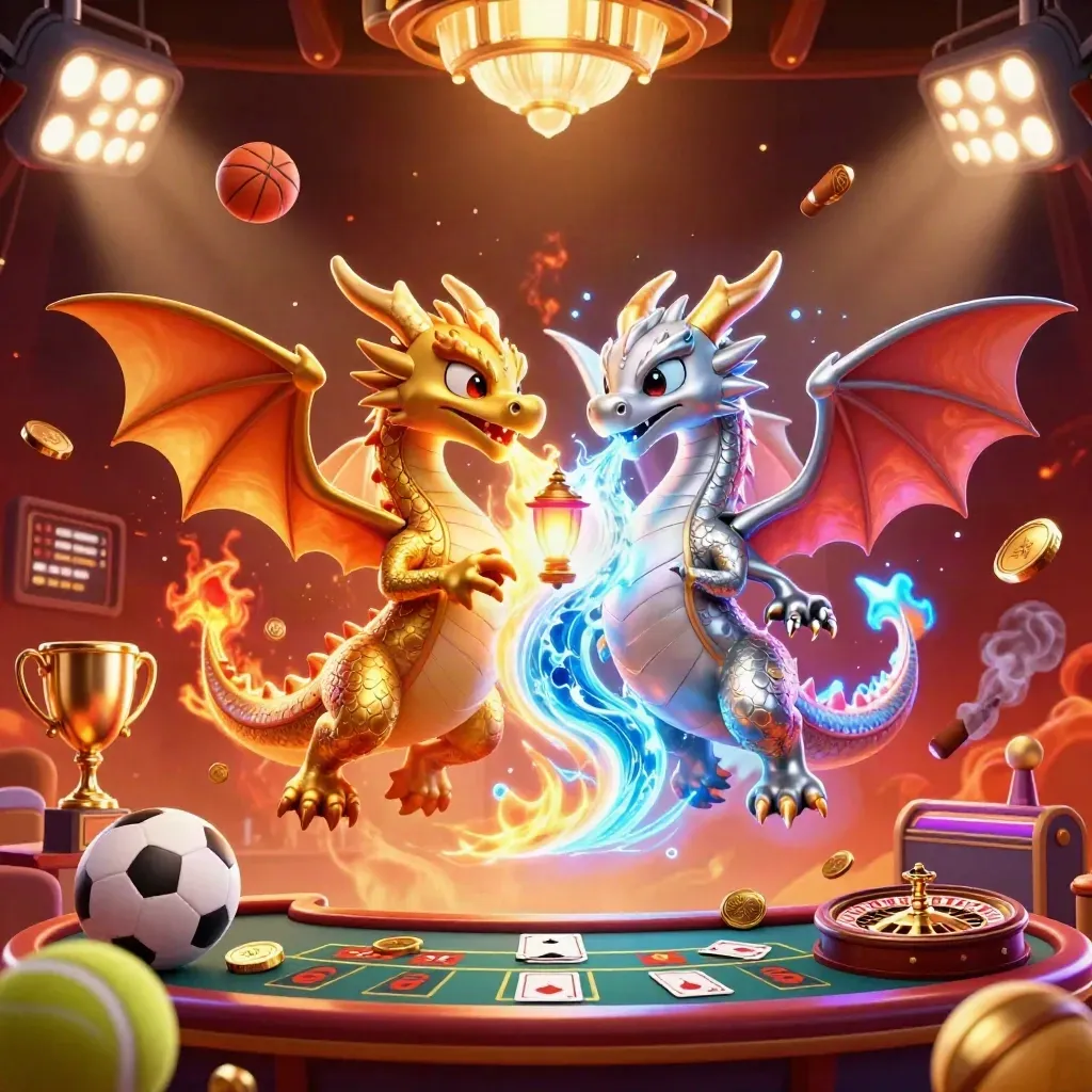 Twin gold and silver dragons in a casino fantasy burst with balls, trophy, coins, and glowing lights.