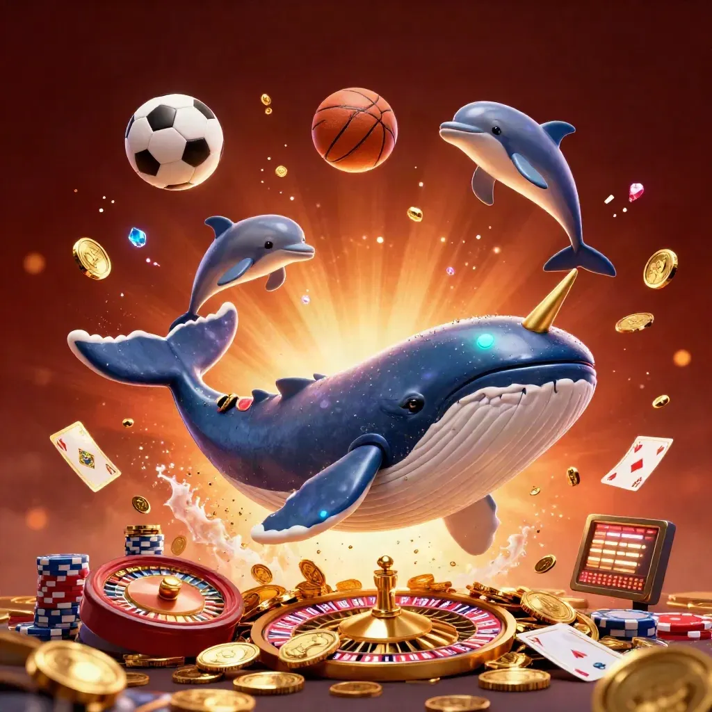 Whale captain, narwhal and dolphins burst through coins with roulette wheel, chips, cards and casino glow.