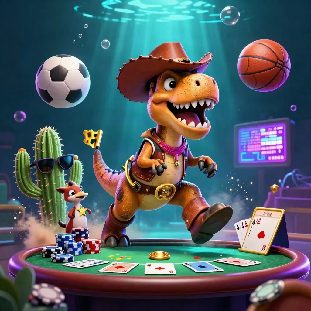 Cowboy T-Rex, cactus, roadrunner, chips, cards, balls, and neon underwater glow in premium casino key art.