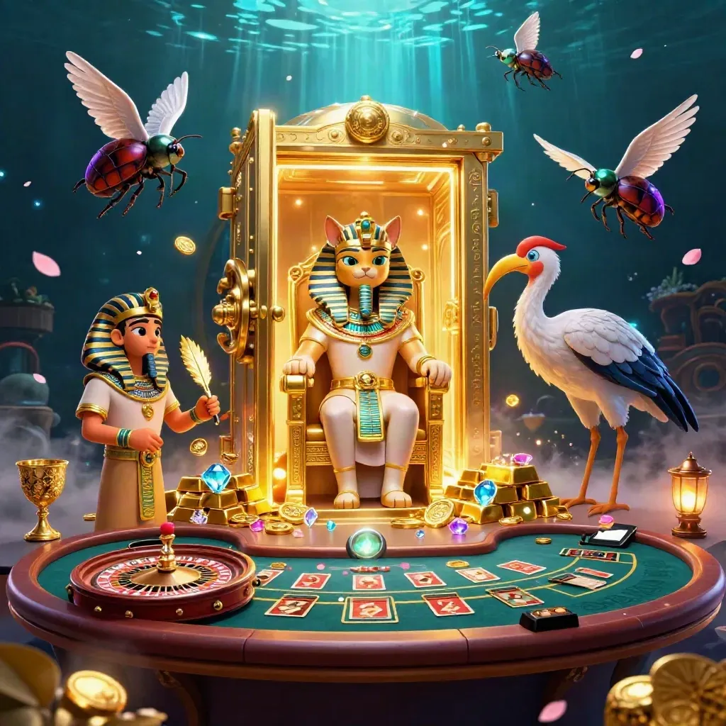 Pharaoh cat, ibis scribe, and gem scarabs amid a glowing vault and casino riches
