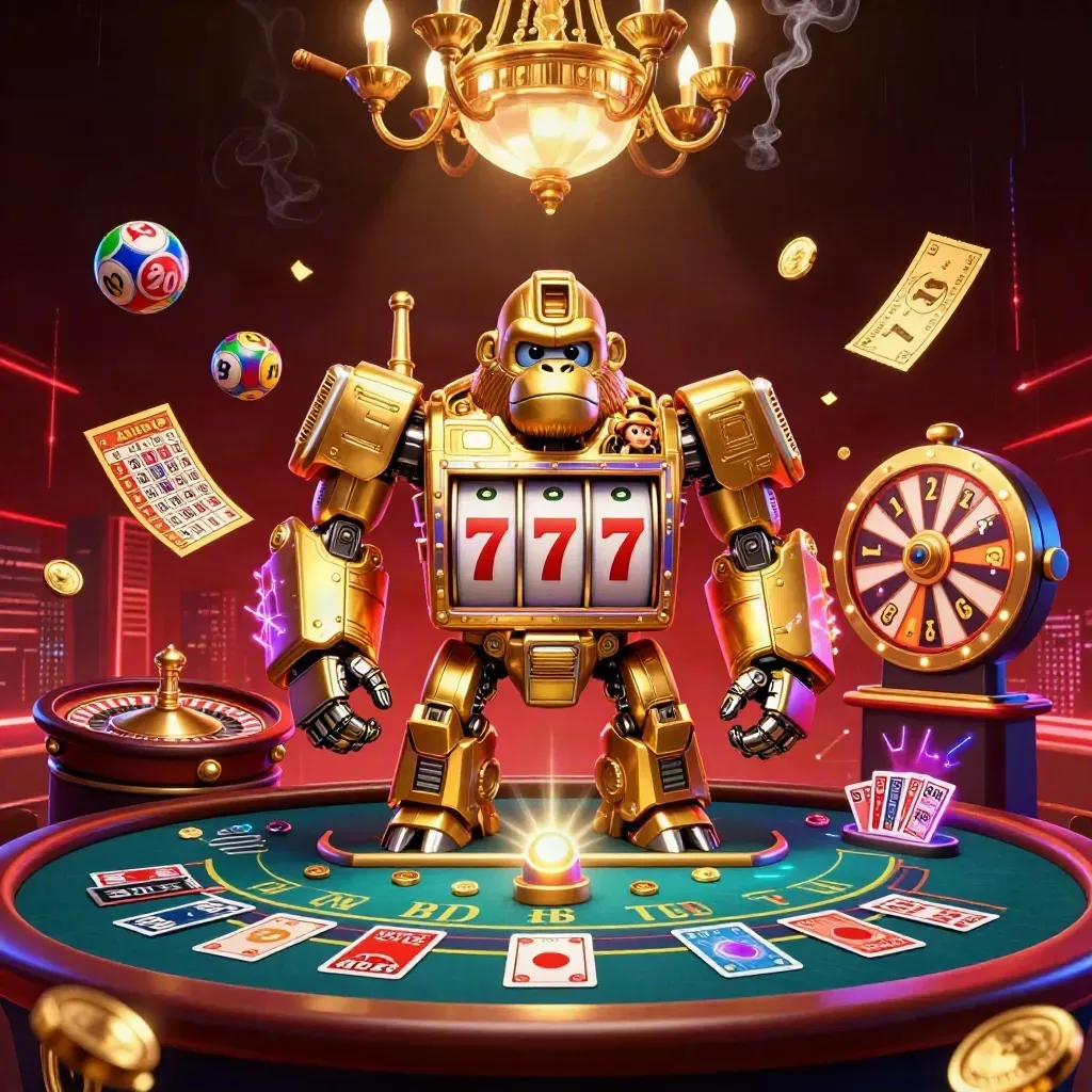 Golden gorilla slot mech with monkey pilot amid casino lights, lottery balls and neon energy.