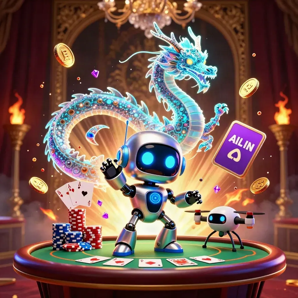 Cyberpunk robot, holographic dragon and coin drone erupt over a poker table with chips and aces.