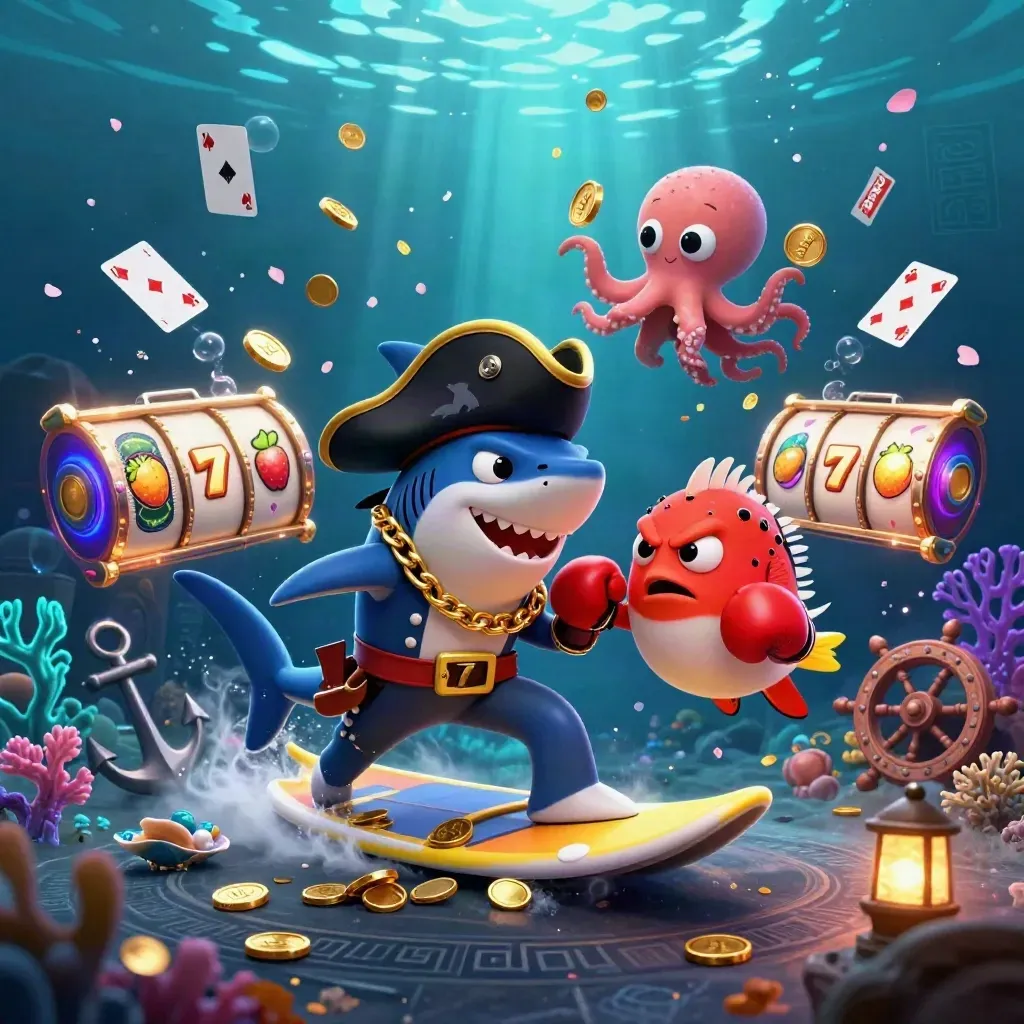 Pirate shark, boxing pufferfish, and coin-juggling octopus amid underwater casino loot.