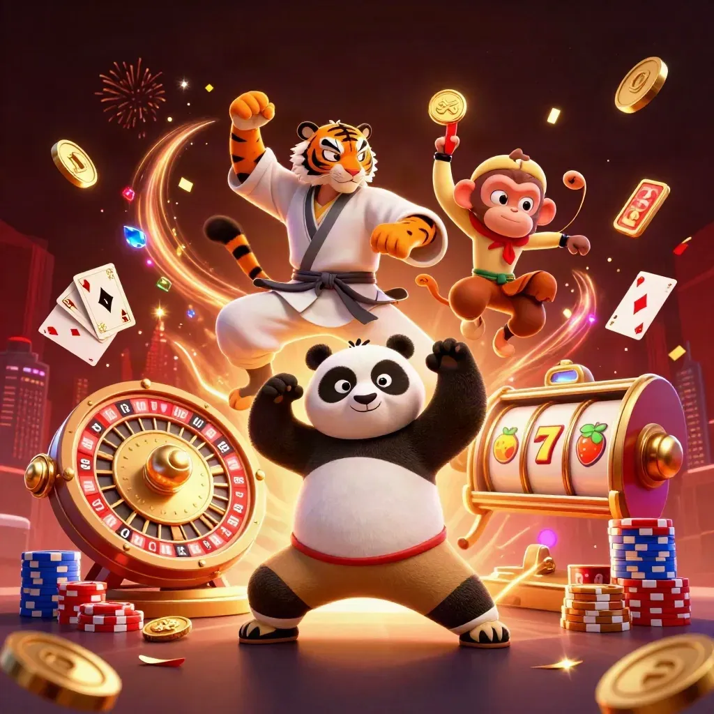 Kung-fu tiger, panda, and monkey amid casino coins, gems, roulette, and fireworks in gold and navy.