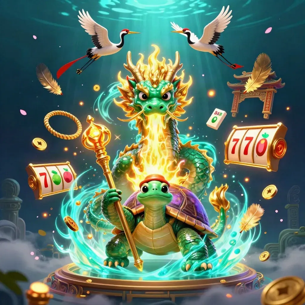 Emerald dragon, turtle sage, and cranes amid gold fire, coins, temple ruins, and neon slot energy.