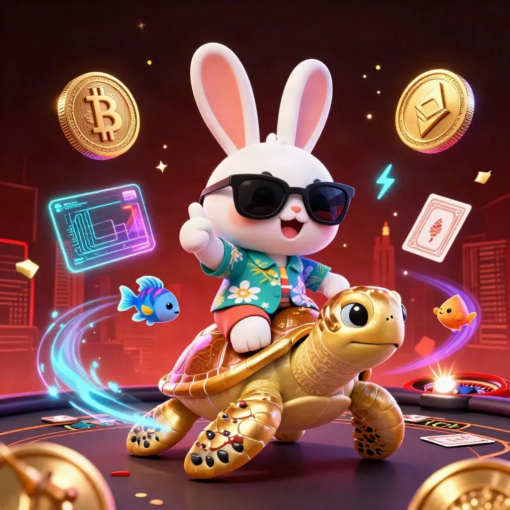 Lucky rabbit rides a golden turtle through casino magic, coins, sparks, and neon glow.