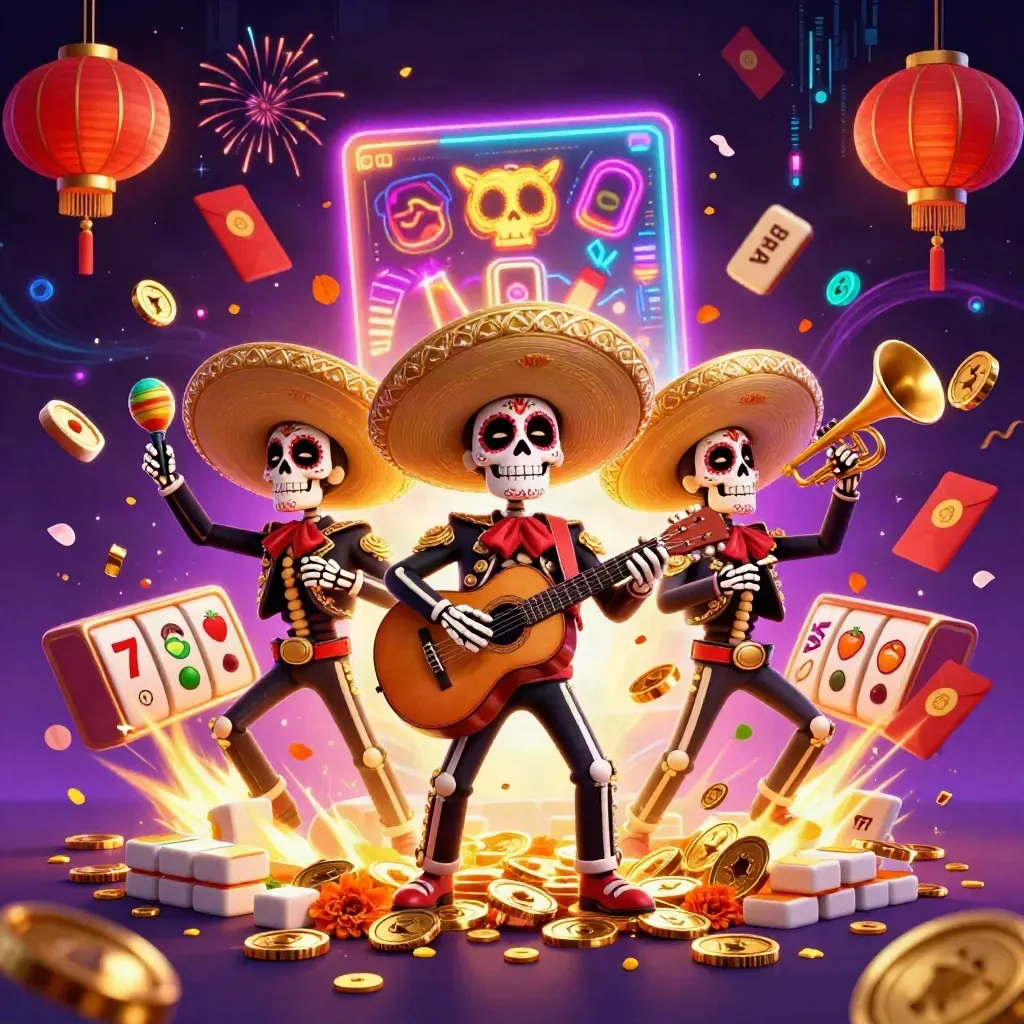 Day-of-the-Dead mariachi skeleton trio amid vault coins, lanterns, fireworks, and neon casino magic