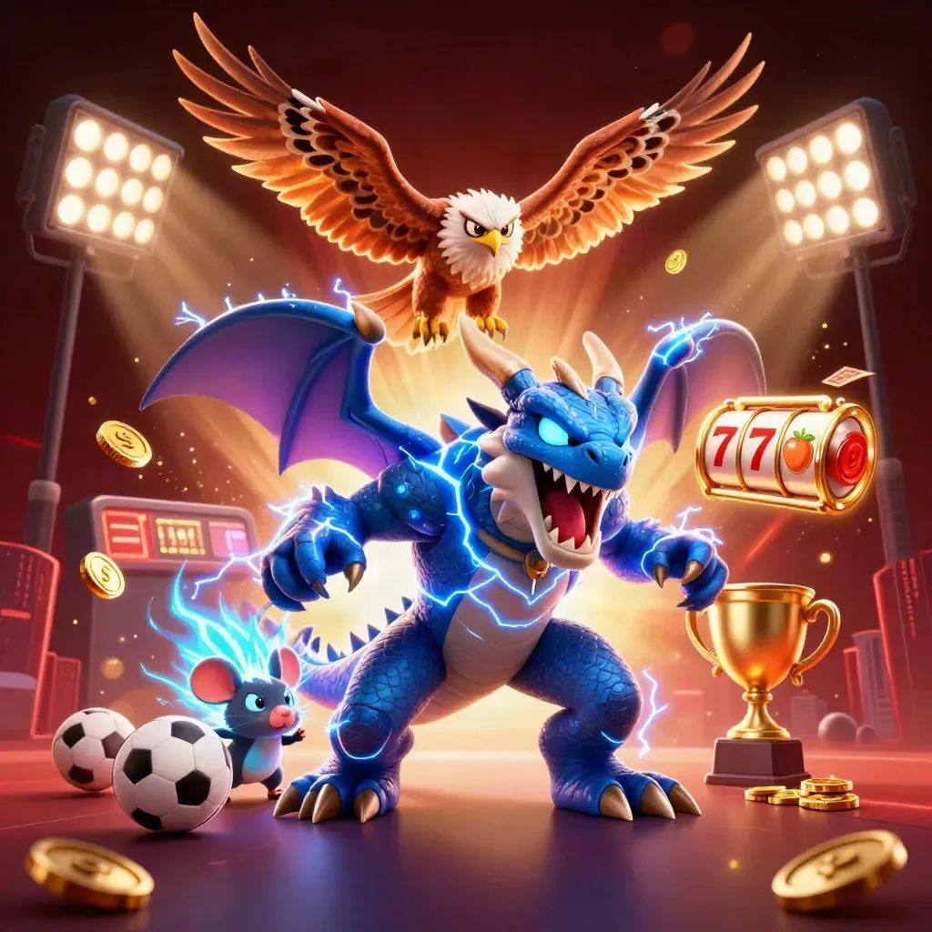 Thunder dragon, wind hawk, and static mouse amid casino sports loot and neon lightning