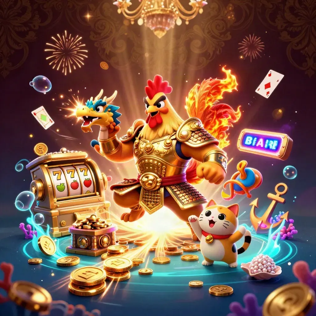 Golden rooster warrior, dragon hatchling, and fortune cat amid coins, reels, coral, and fireworks