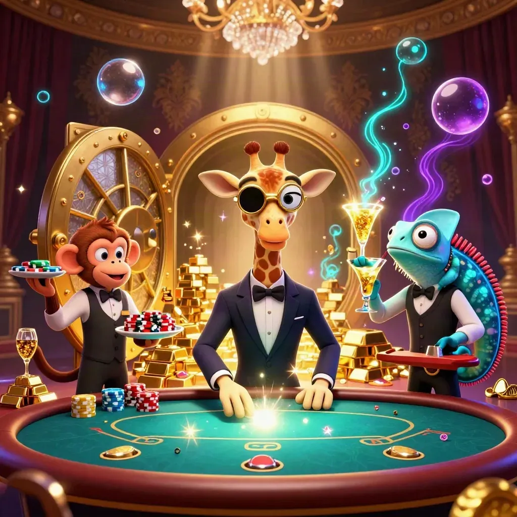 Giraffe gambler, monkey valet, and chameleon bartender amid a glowing gold vault and jewels