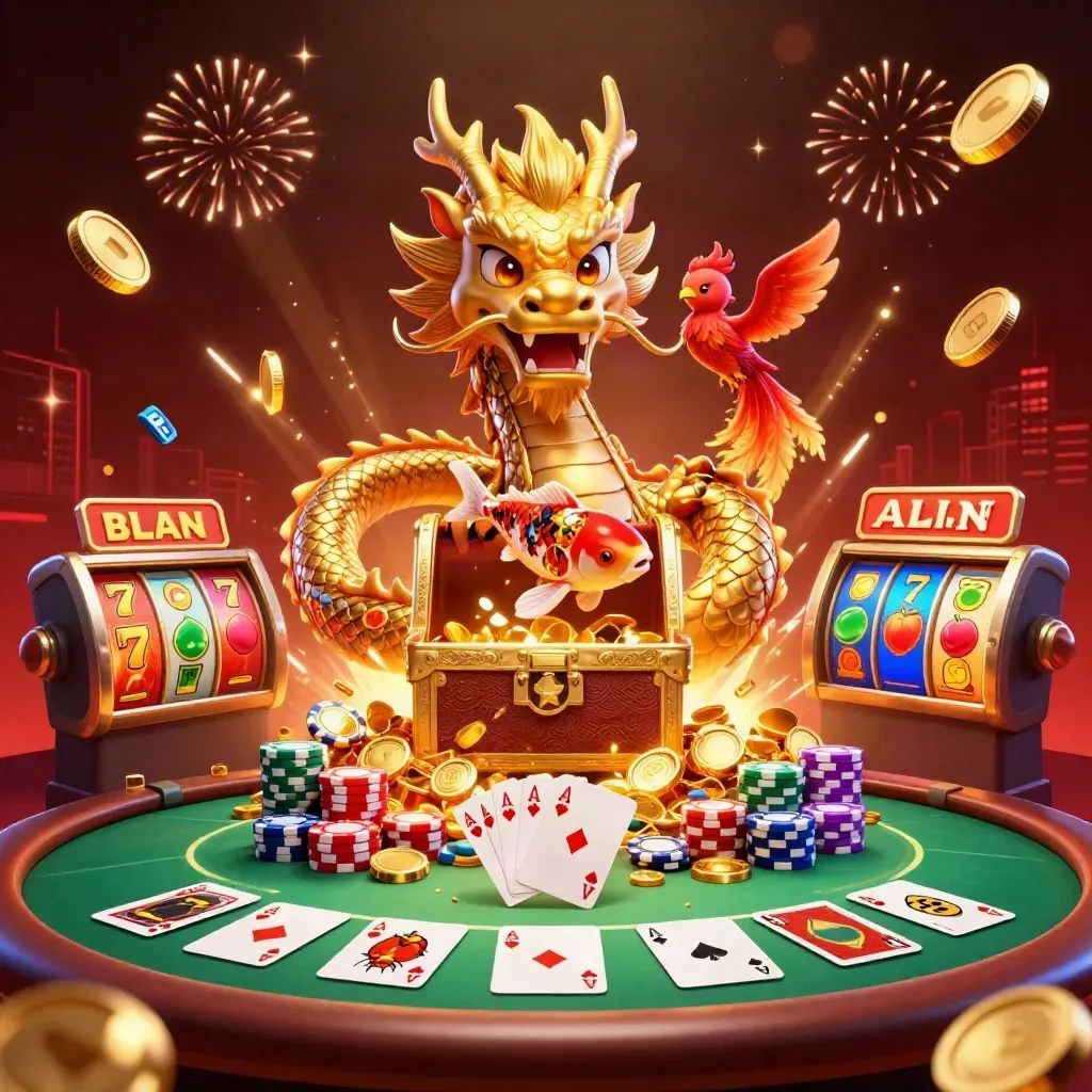 Golden dragon, phoenix, koi and slot symbols amid coins, fireworks and casino chips