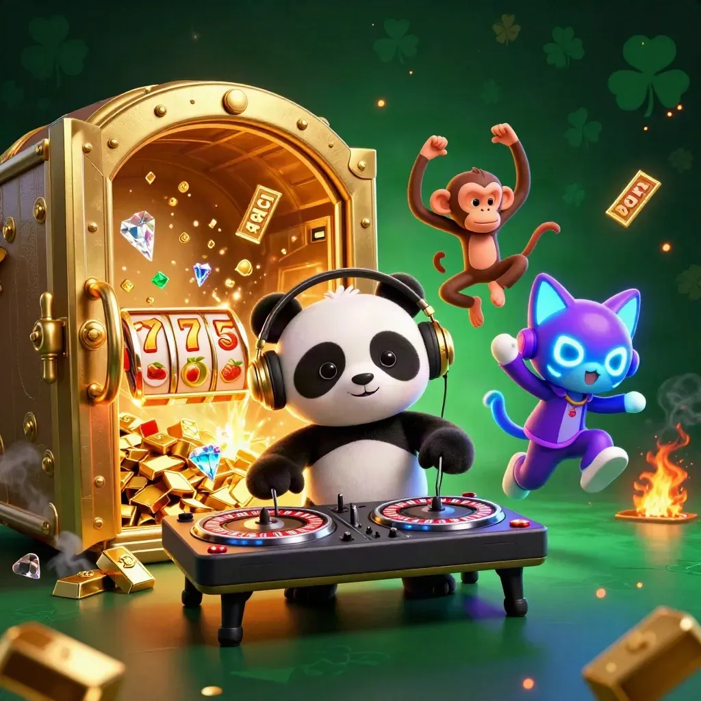 DJ panda, monkey, and glow kitten amid a vault burst of gold and slot icons.