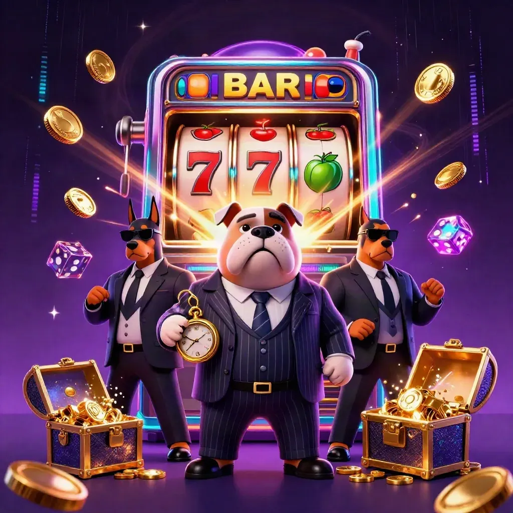 Bulldog boss and two Dobermans amid bursting slots, gold coins, fireworks, and neon casino glow.