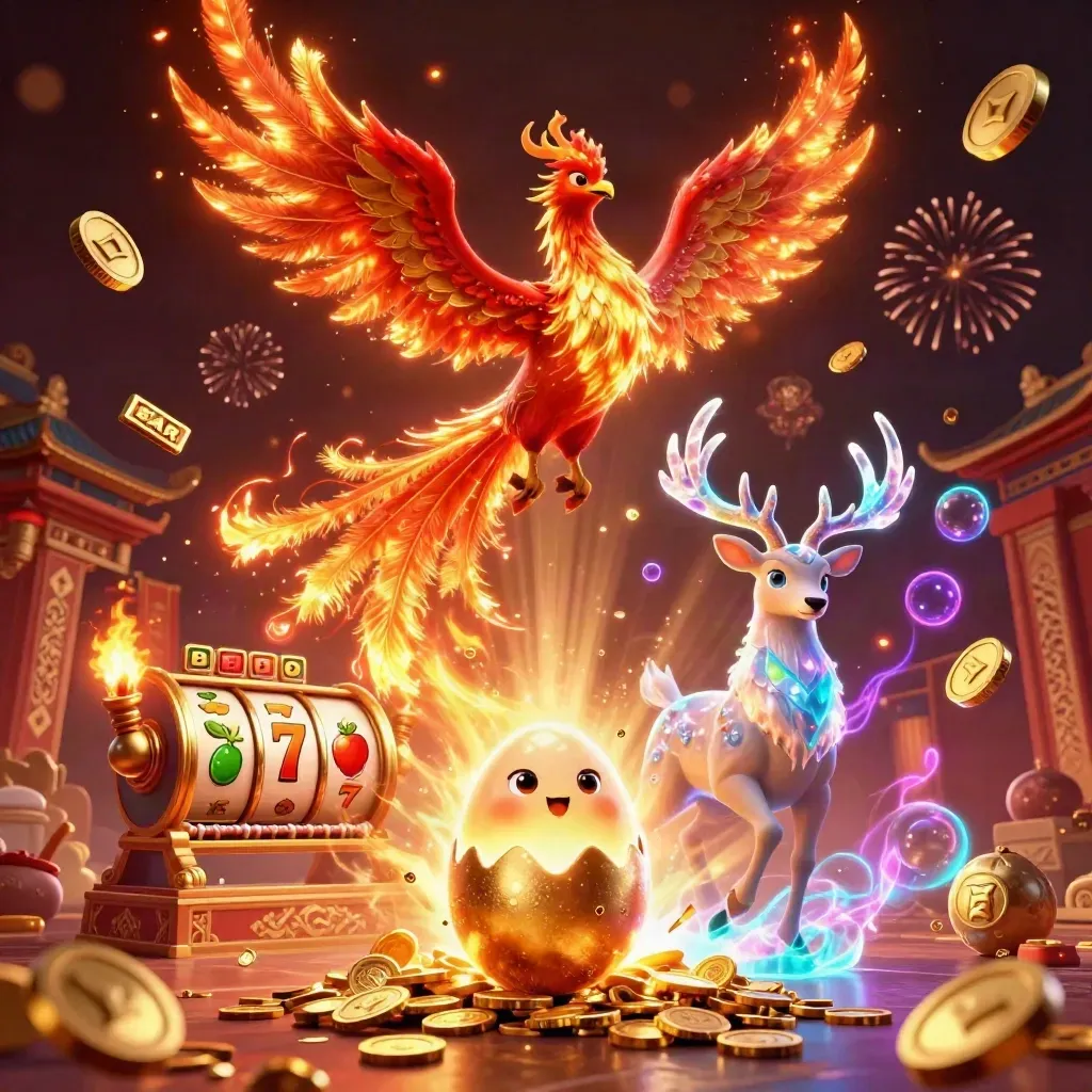 Phoenix trio, coins, temple gate and casino reels erupt in a glowing gold celebration.