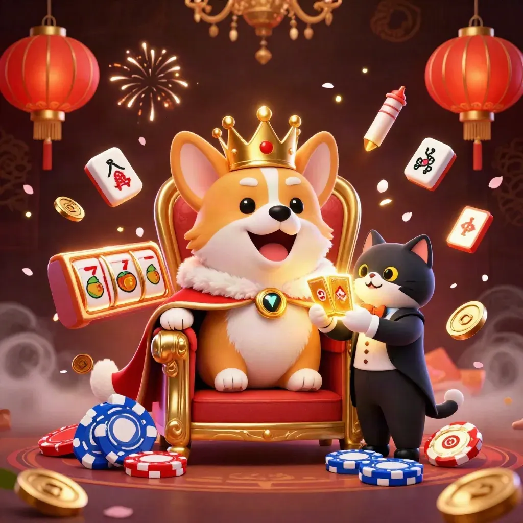 Crowned corgi and cat butler on chip throne amid lanterns, reels, coins, and fireworks