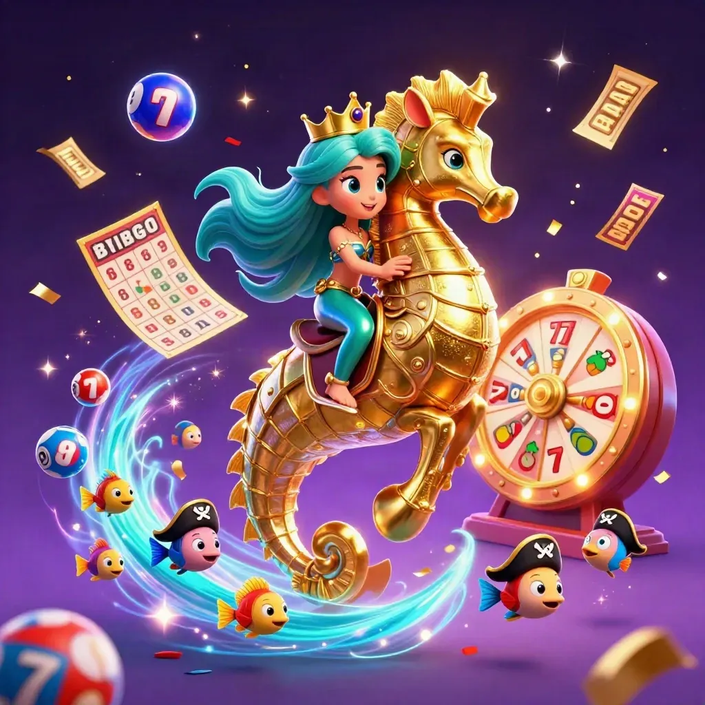 Mermaid princess on a gold seahorse with casino symbols, fireworks, and neon magic.