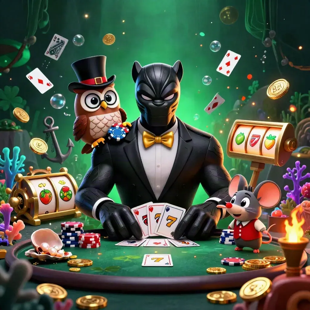 Panther, owl, and mouse amid treasure cove cards, reels, coins, and glowing casino loot.