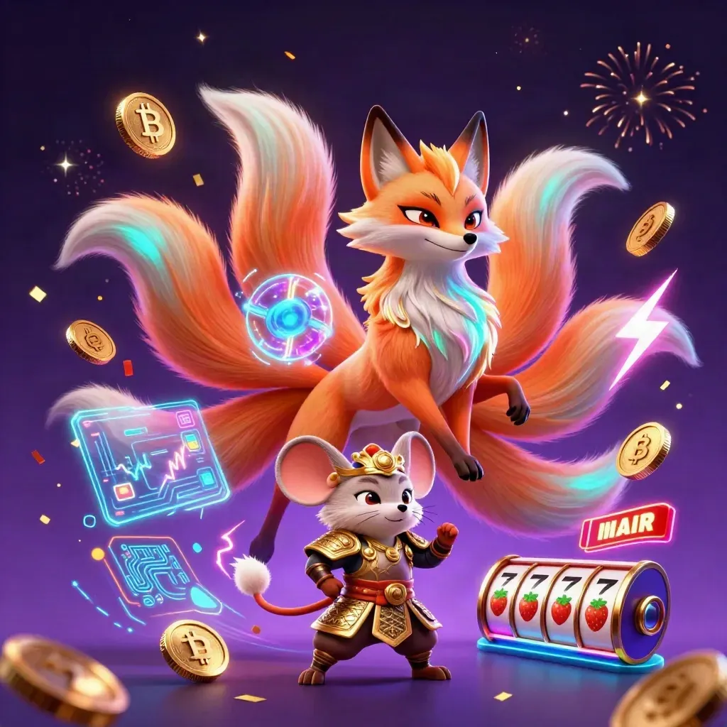 Fox spirit and samurai mouse amid neon coins, reels, lightning, and magical casino effects.