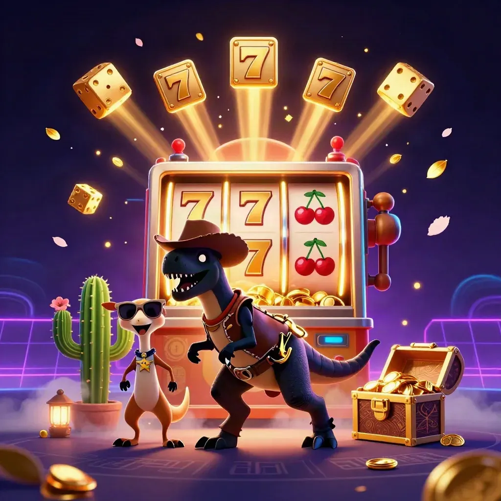 Cowboy T-Rex, cactus sidekick, and roadrunner amid a bursting slot machine in neon casino light.