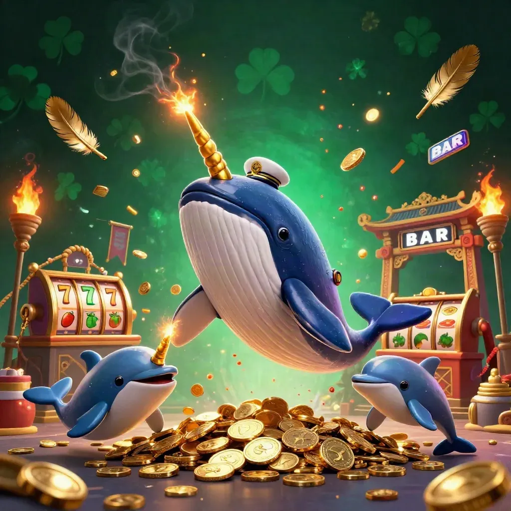 Cartoon whale captain, narwhal, and dolphins amid casino coins, slot reels, and glowing firelight.