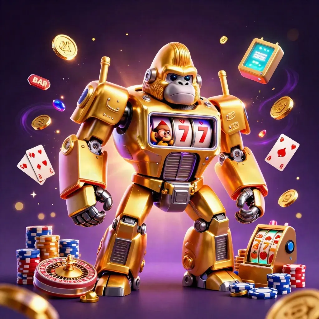 Golden gorilla slot mech with tiny monkey pilot amid coins, cards, chips and neon casino sparks.